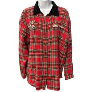 Vintage Quizz Again NY Christmas‎ Santa Sleigh Reindeer Embroidered Plaid Shirt